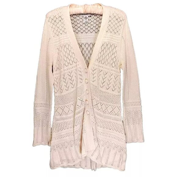 Nine West Merino Wool Crochet Cardigan Sweater Medium Boho Fairycore Cream Beige - Picture 1 of 9